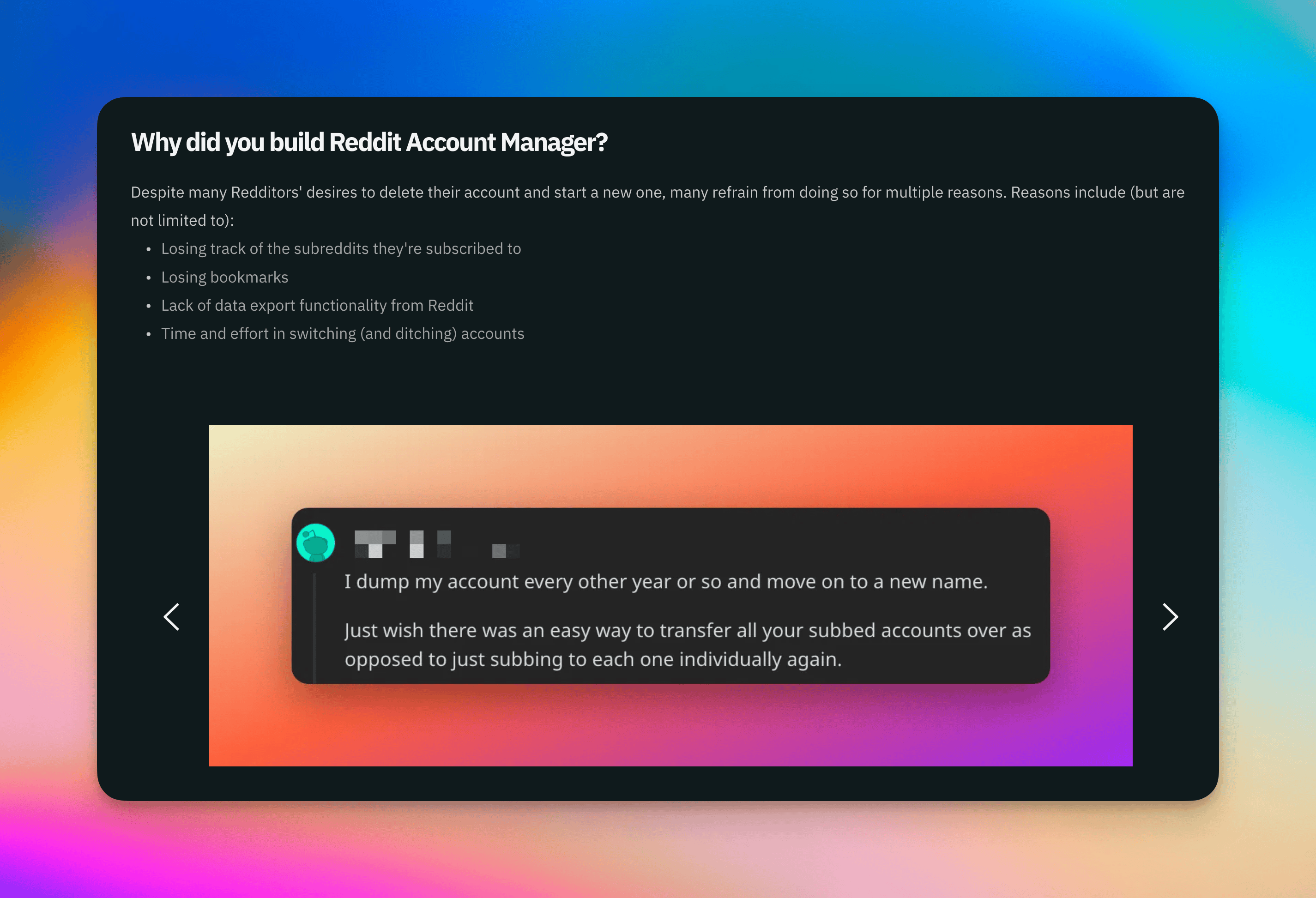 Screenshot of a Reddit Account Manager FAQ that asks why Hiram built this product.