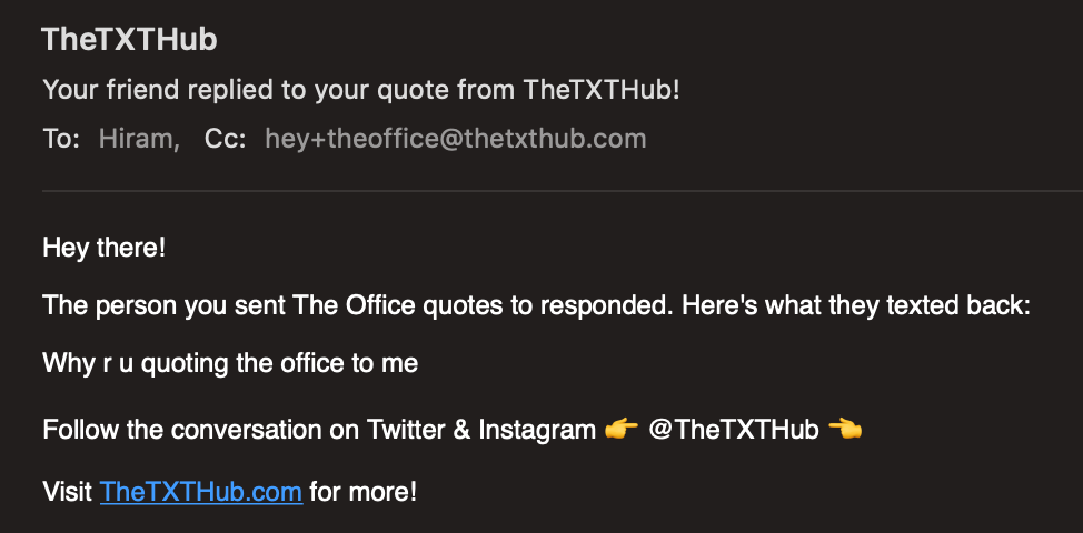 An example email of The TXT Hub notifying you that someone replied to your text.