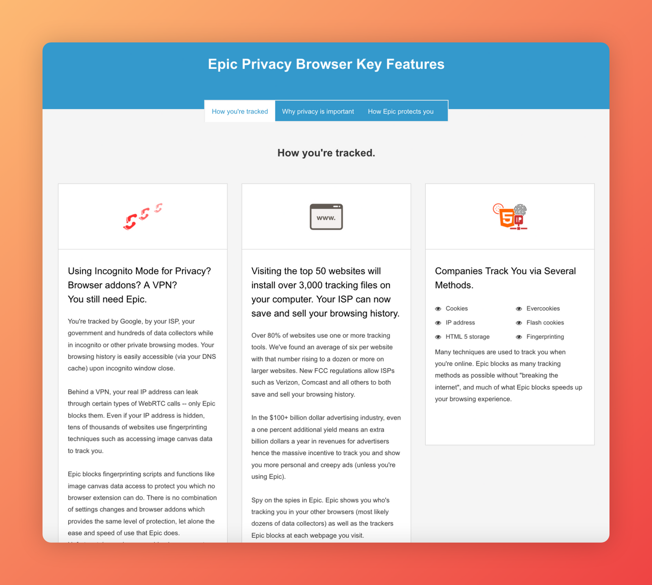 The Epic browser homepage.