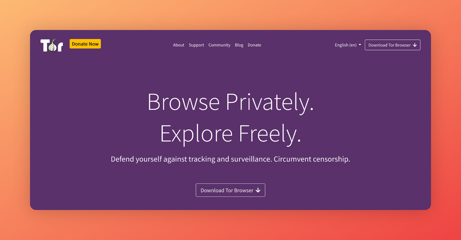 The Tor browser homepage.
