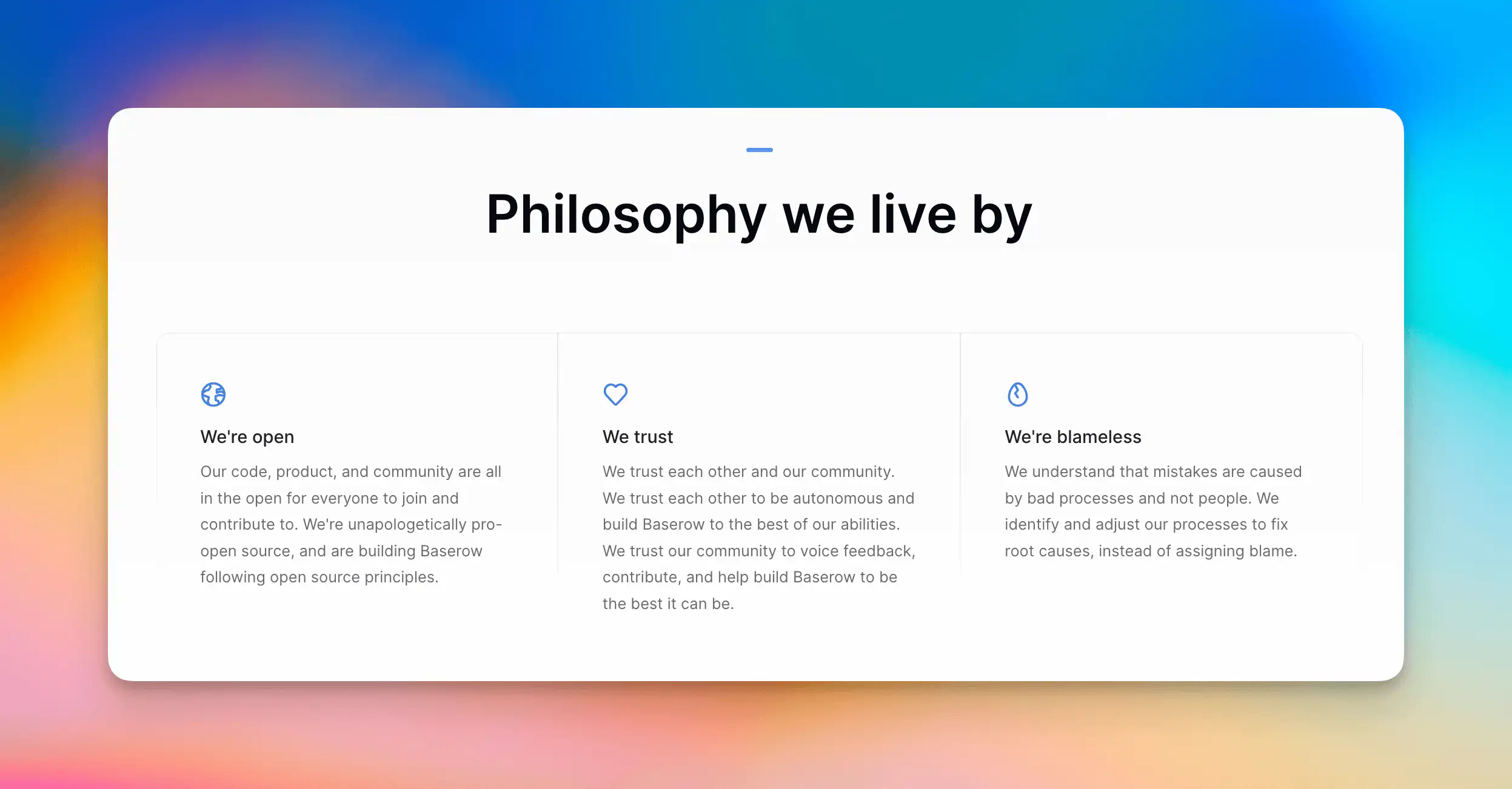 Screenshot of Baserow's philosophy and values: we're open, we trust, and we're blameless.