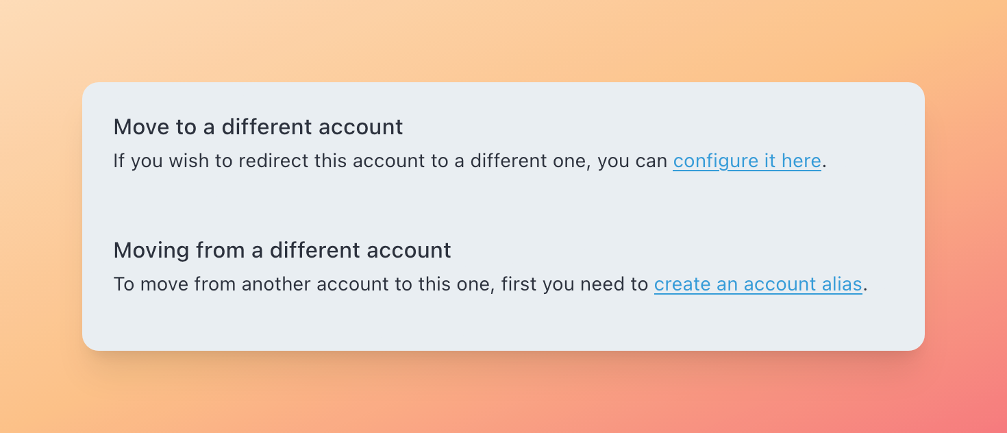 A screenshot of Mastodon's interface that allows to to move to a different account, or if you're moving from a different account