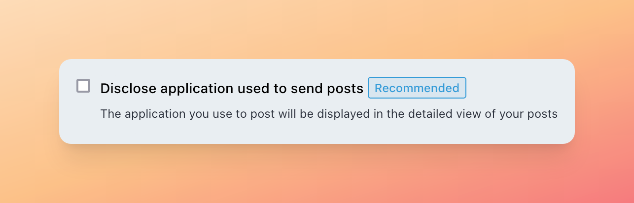 A screenshot of Mastodon's interface that has a checkbox for selecting if you want to turn off the client source label on or off.